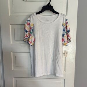 Talbots White Tee with Vibrant Embroidered Sleeves